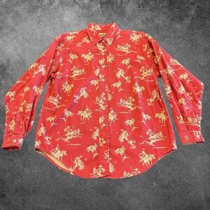VNTG Barn Fly Western Shirt Medium Red Cowboy Rodeo Print Button Up 100% Cotton